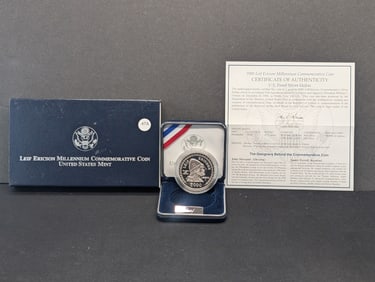 2000 P Leif Ericson Millennium Commemorative $1. GEM proof in original box plus COA. Hard to find.