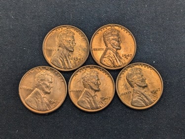 (5) 1947-D Red BU Lincoln Wheat Cents
