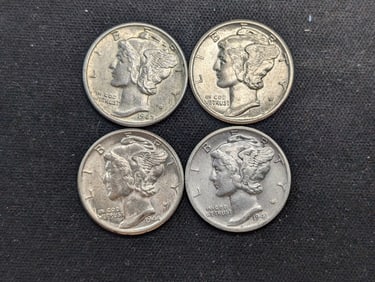 1941-S 1942 1943 1944 AU-BU Mercury Head Dimes.  4 Coins.
