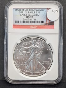 2011(S) Gem Brilliant Uncirculated Silver American Eagle Early Release Graded MS70 By NGC Grading