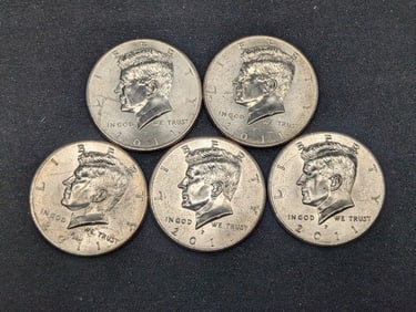 (5) 2011-P Clad Kennedy Half Dollars Uncirculated From Canvas Mint Bag