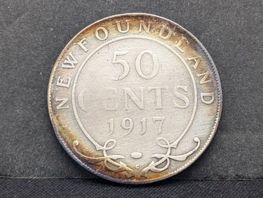 1917-C Newfoundland 50 Cents Sterling 92.5% Silver Coin.