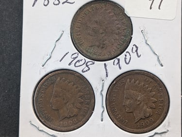 1882, 1908, 1909 Indian Head Pennies
