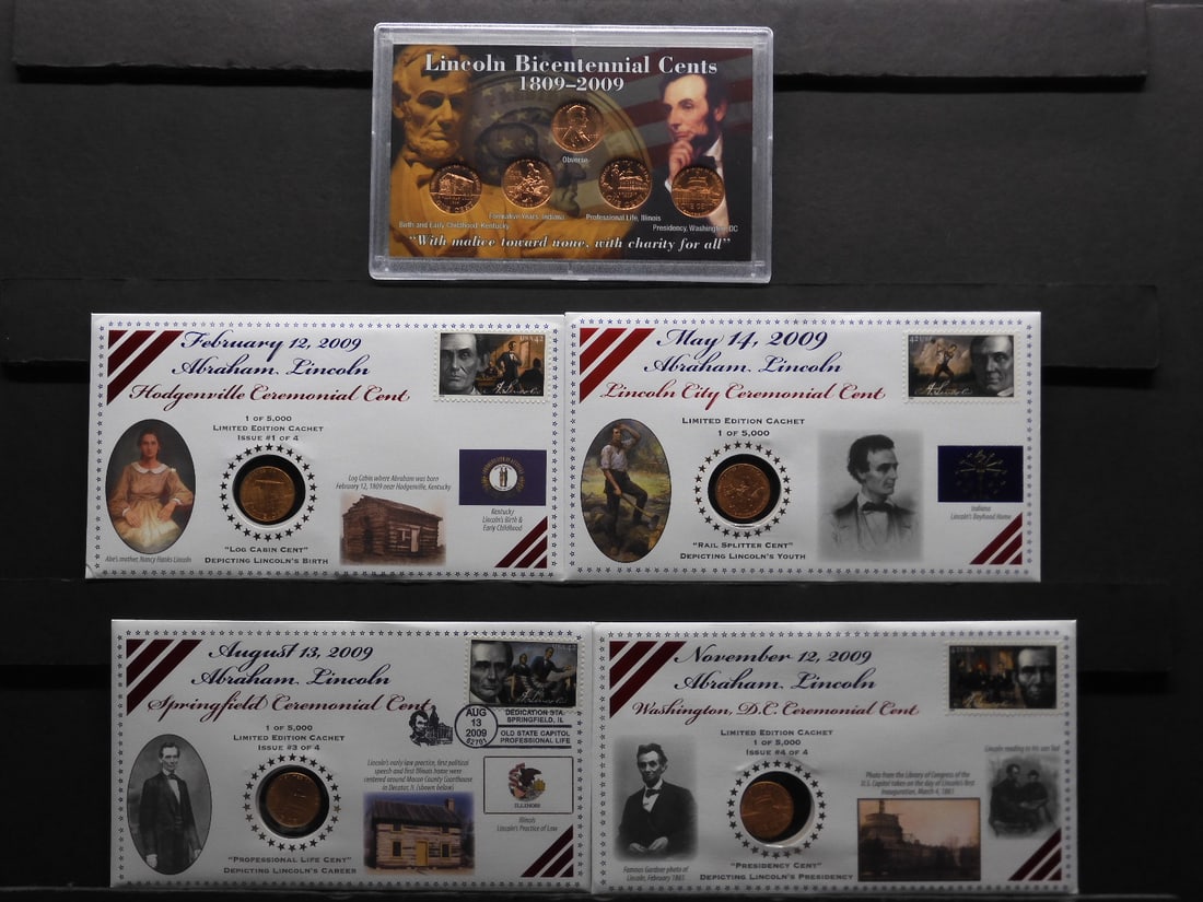 4 different 2009 Lincoln Variety Cachets: Log Cabin, Rail Splitter, Professional Life, and (1 of 15)