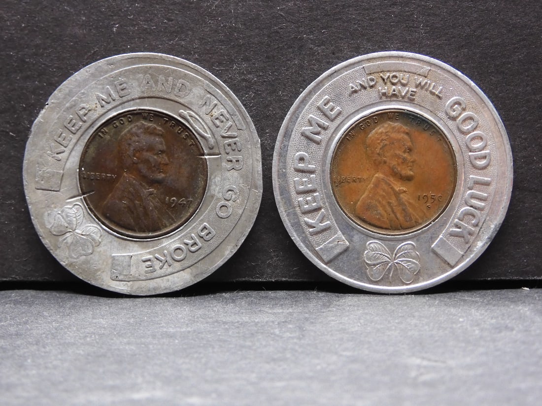 Two encased Good Luck cents: 1950-S Even Flo and 1947 Rexall Drugs.: Two encased Good Luck cents: 1950-S Even Flo and 1947 Rexall Drugs.