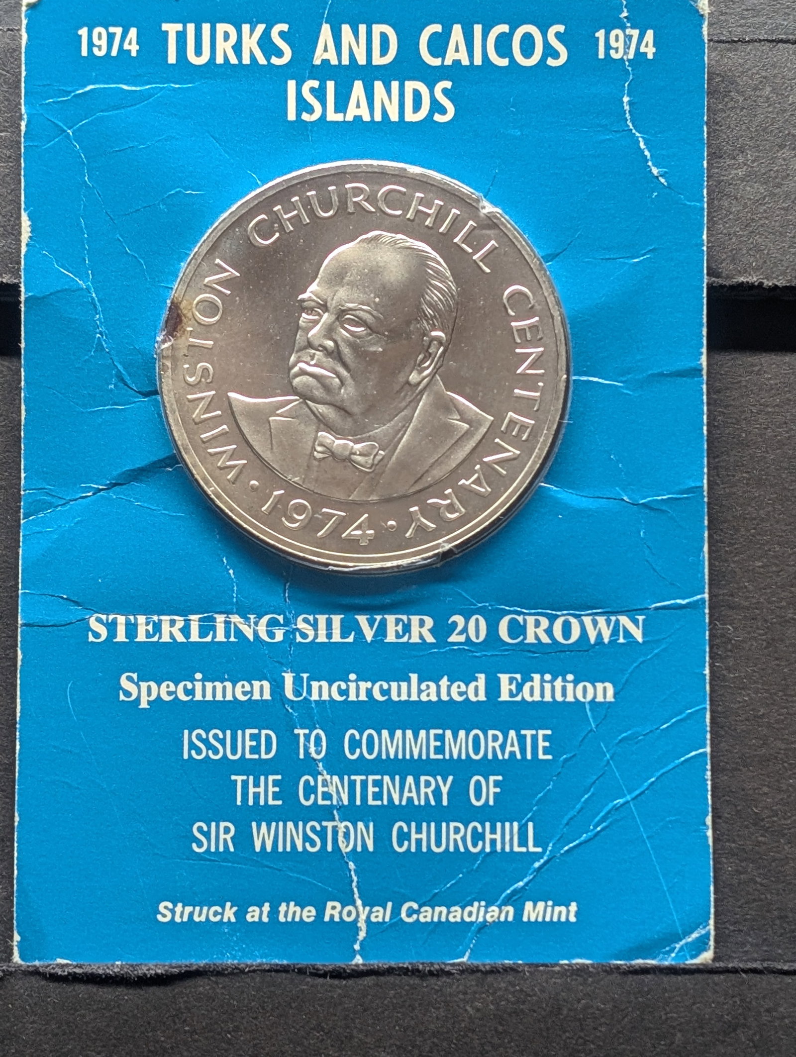 1974 Turks & Caicos Islands STERLING SILVER Churchill 20 Crown Specimen UNC Coin (1 of 3)