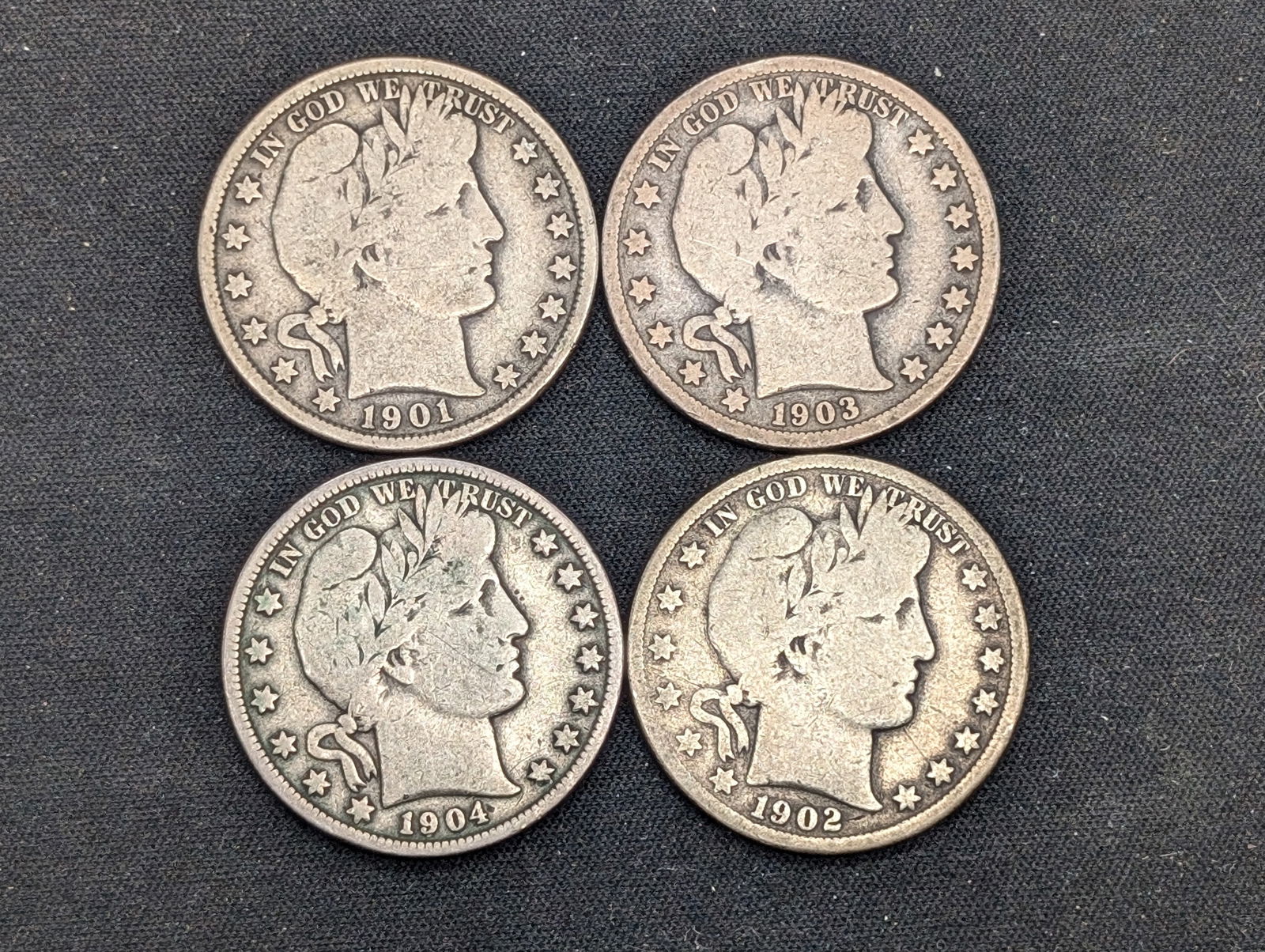1901 1902-S 1903-O 1904 United States Barber Half Dollars.  4 Coins. (1 of 2)