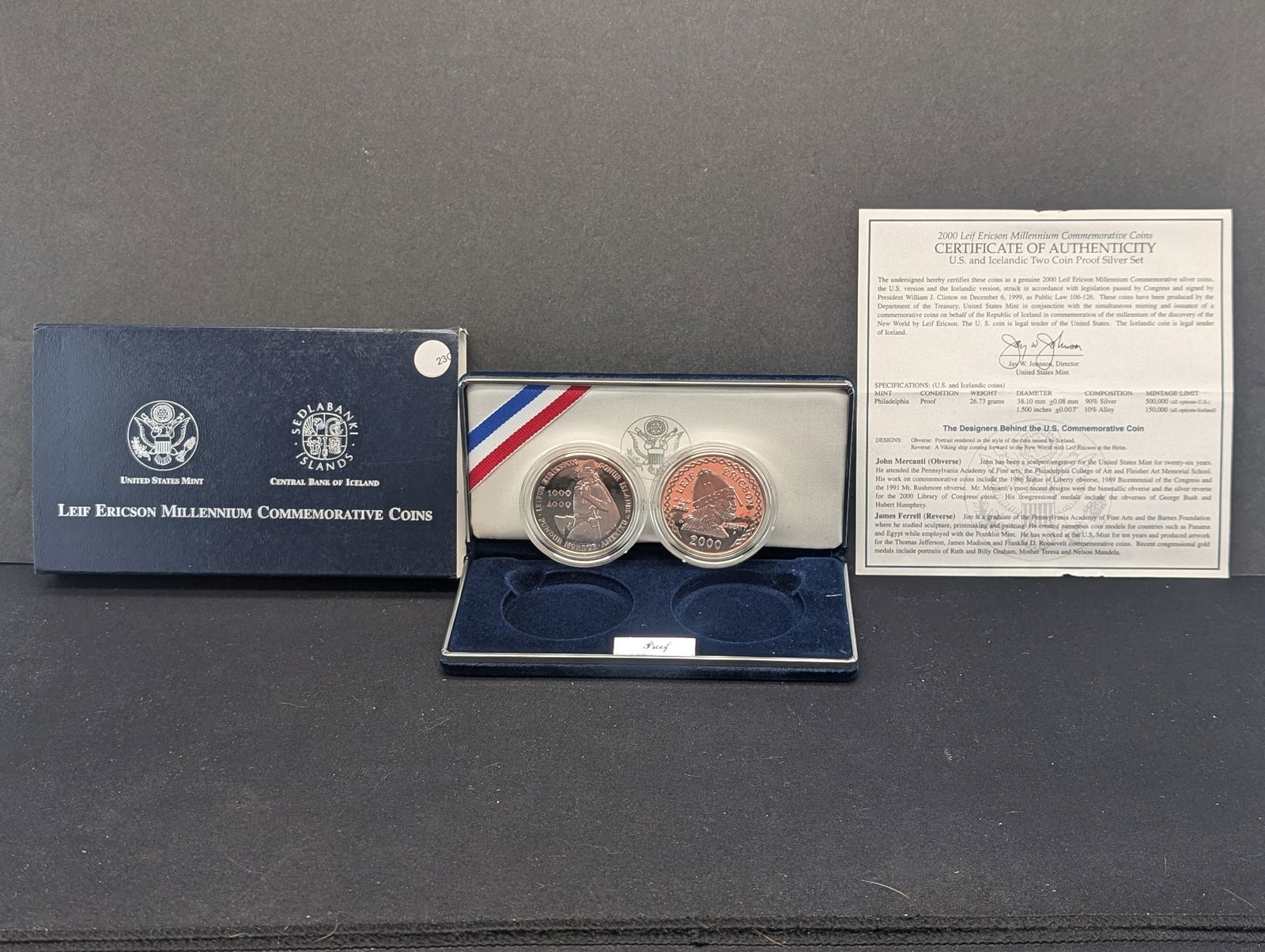 US Mint 2000-P Leif Ericson Millenium Commemorative Proof Silver Dollars (2). In OGP, w/COA. SCARCE (1 of 4)