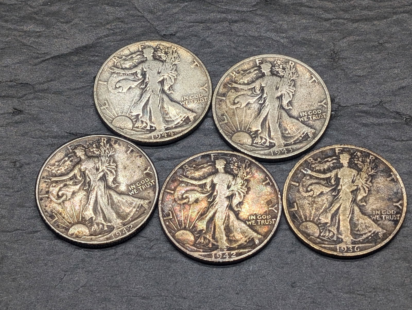 1936, 1942-P+D, 1943-S, 1944 Walking Liberty Half Dollars (1 of 2)