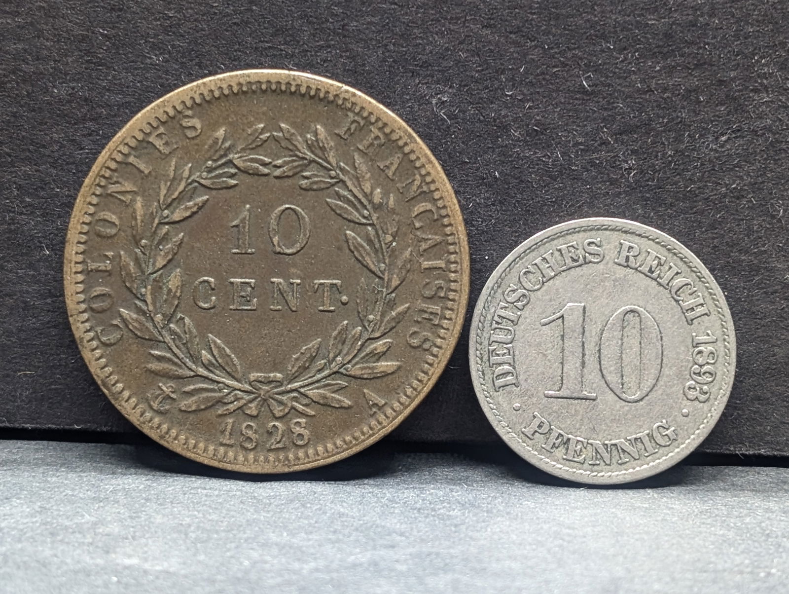 1828-A French Colonies 10 Centesimi *RARE* & 1893-J Germany 10 Pfennig Coins (1 of 2)