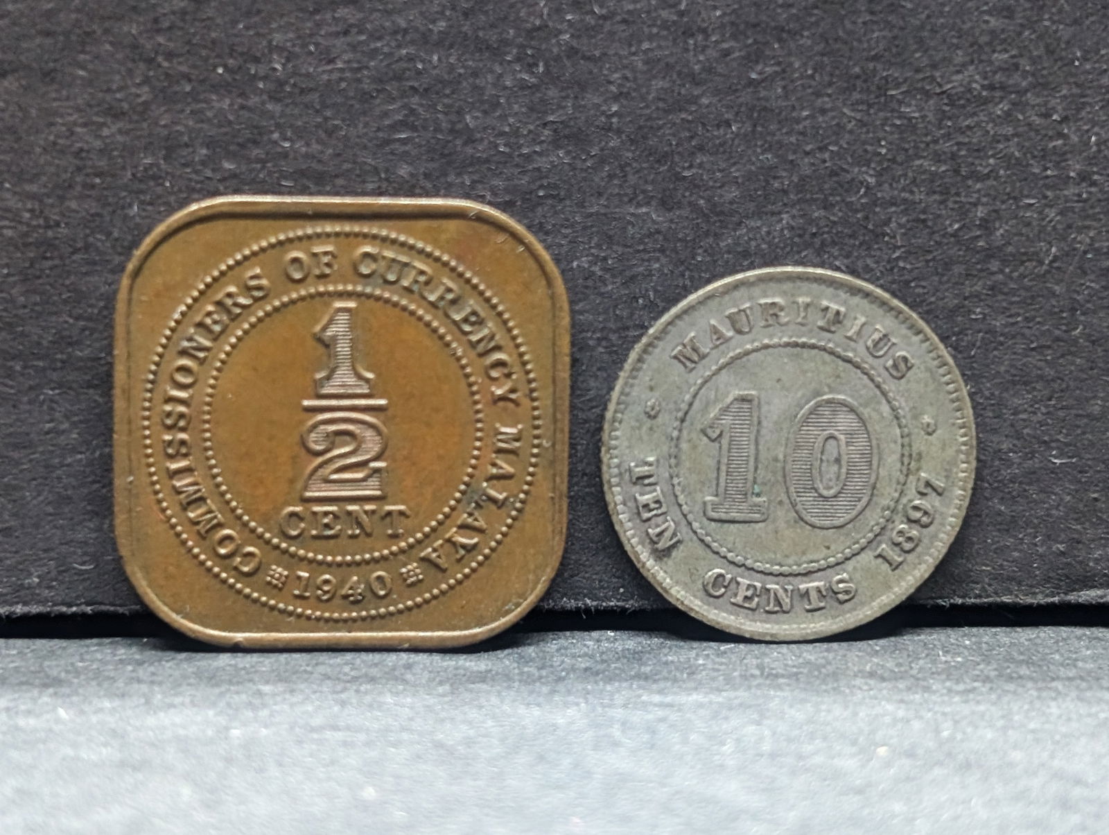 1940 Malaya 1/2 Cent & 1897 Mauritius Silver 10 Cent Coins (1 of 2)