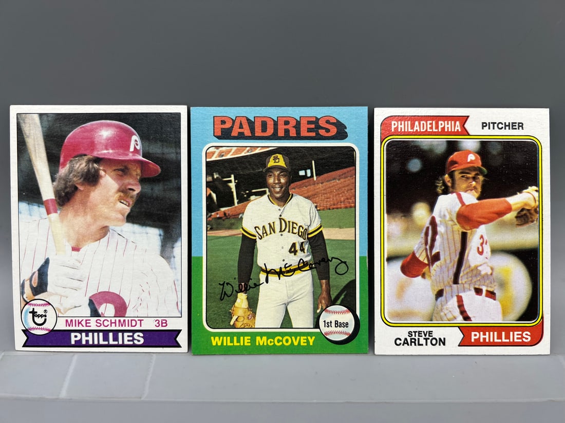 1974 Topps Steve Carlton #95, 1975 Topps Willie McCovey #450, & 1979 Topps Mike Schmidt #610 (1 of 2)