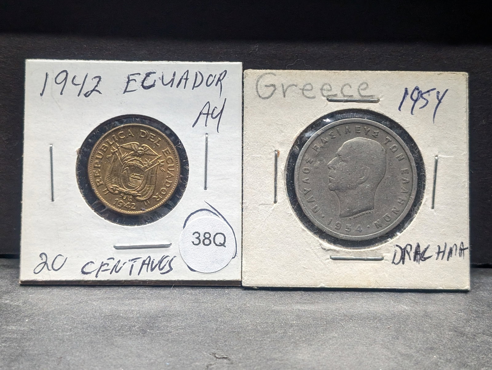 1942 Ecuador 20 Centavos + 1954 Greece 5 Drachma (1 of 4)