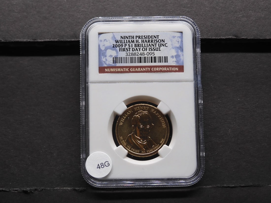2009-P William H Harrison Presidential Dollar, NGC Brilliant UNC, 1st Day of Issue: 2009-P William H Harrison Presidential Dollar, NGC Brilliant UNC, 1st Day of Issue