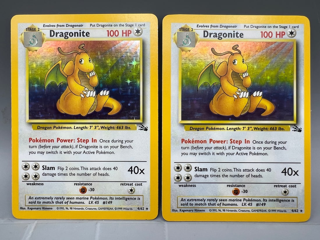 Lot of (2) 1999 Pokemon Fossil Dragonite Holo #4/62: Lot of (2) 1999 Pokemon Fossil Dragonite Holo #4/62
