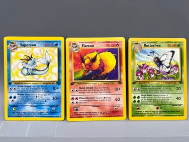 Lot of (3) 1999 Pokemon Jungle 1st Edition Cards - Vaporeon, Flareon, & Butterfree