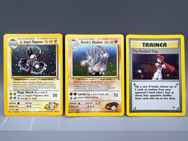 Lot of (3) 2000 Pokemon Gym Heroes Holo Cards - Lt. Surge's Magneton, Brock's Rhydon, & The Rocket's