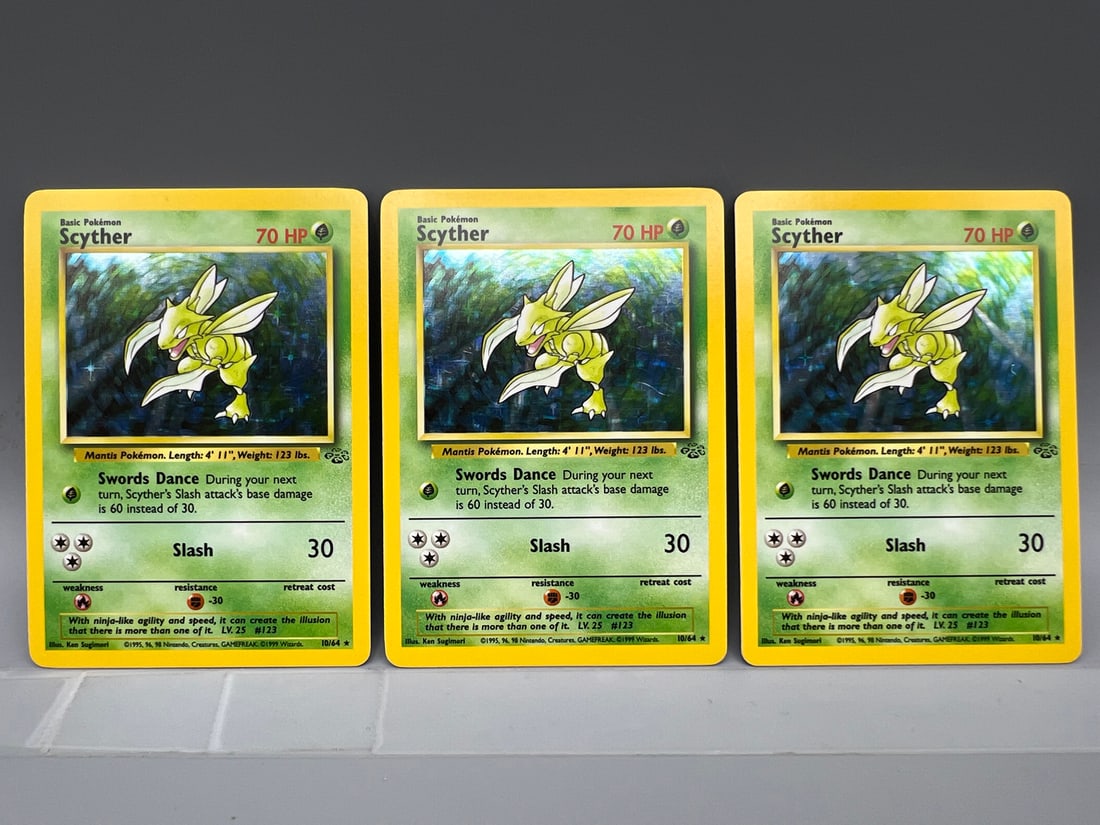 Lot of (3) 1999 Pokemon Jungle Scyther Holo #10/64: Lot of (3) 1999 Pokemon Jungle Scyther Holo #10/64