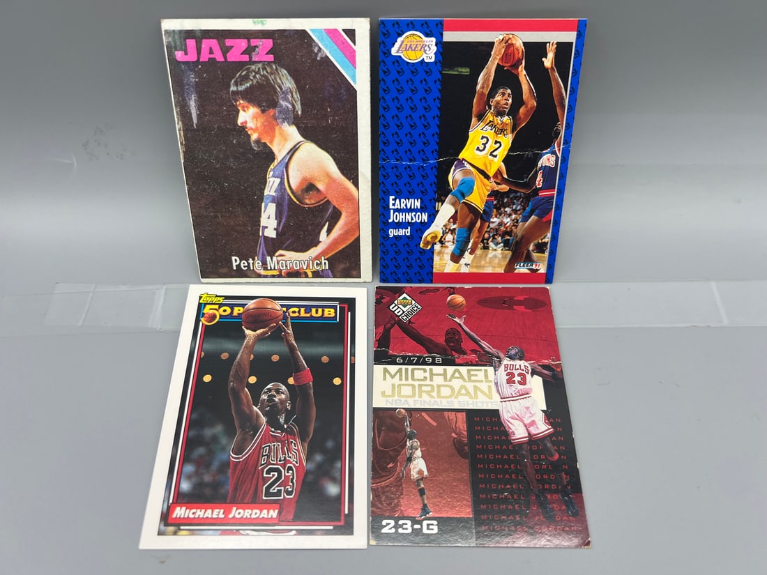 Lot of (4) Assorted Basketball Star Player Cards - Varying Conditions - Pete Maravich, Michael (1 of 4)