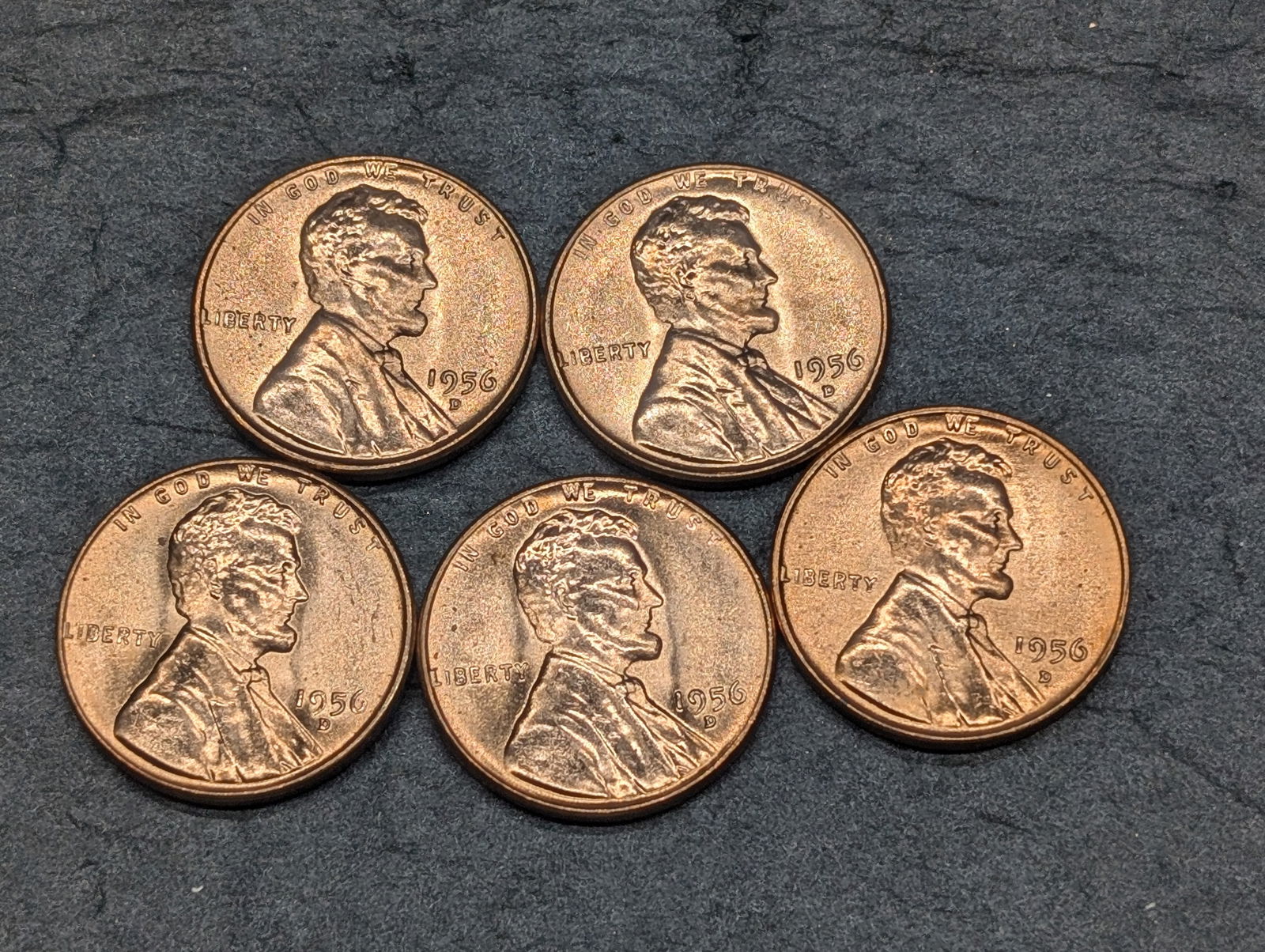 Five 1956-D Wheat Cents (1 of 2)