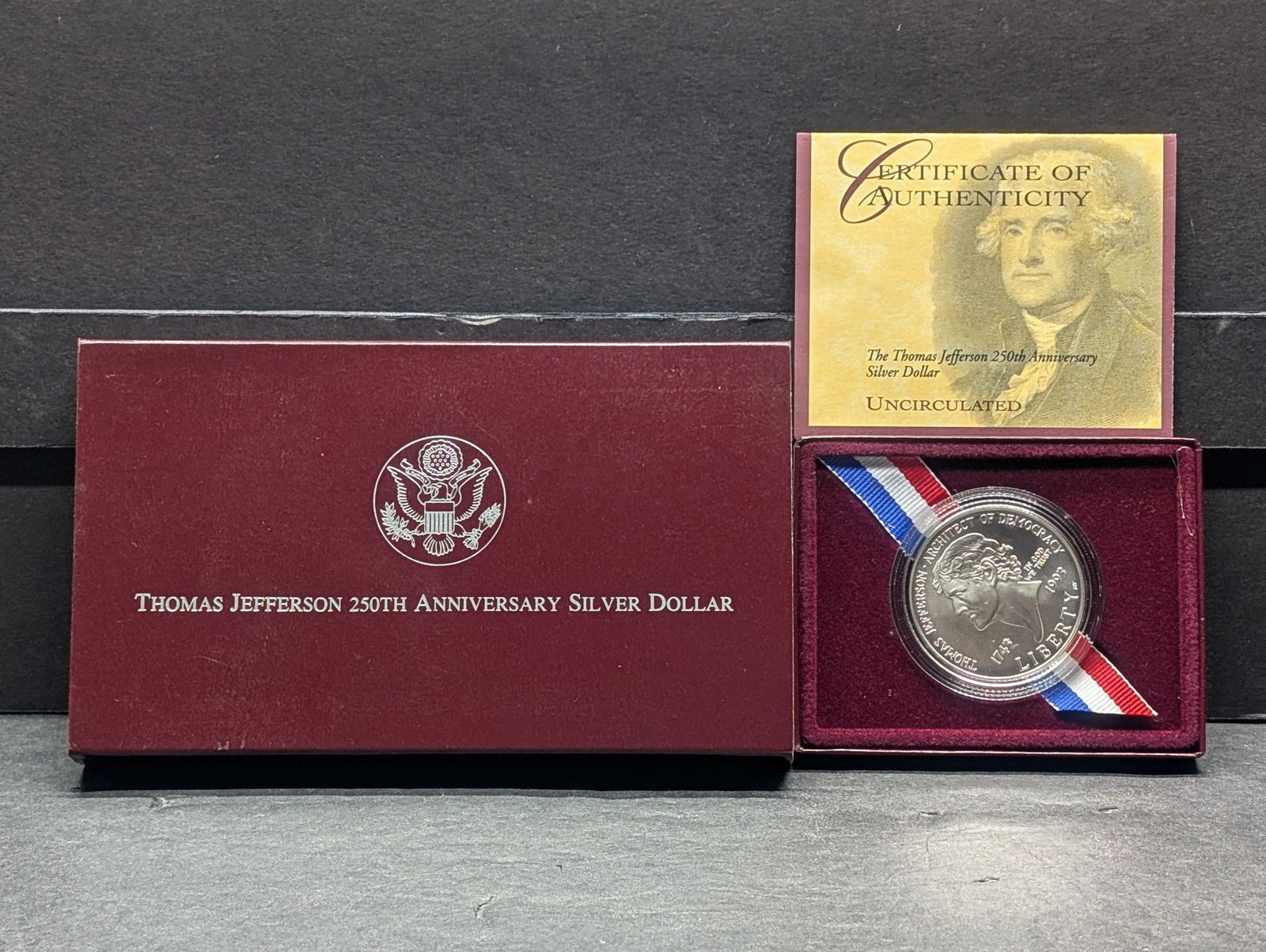 1993-P UNC Thomas Jefferson 250th Anniv. Commem Silver Dollar in OGP w/ COA (1 of 4)