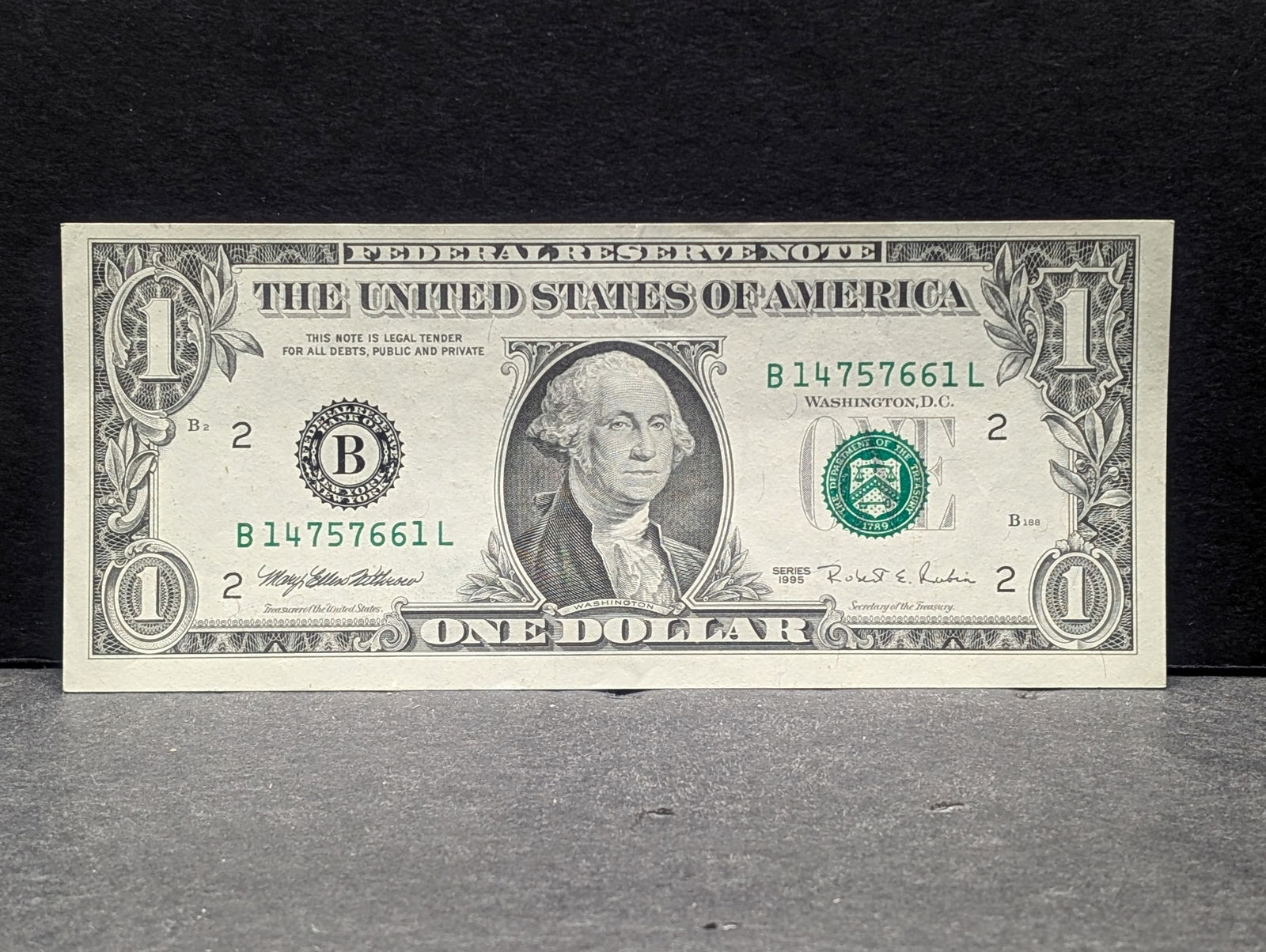 1995 - $1 FRN Print Error, Off Center - B 14757661 L -New York City (1 of 3)