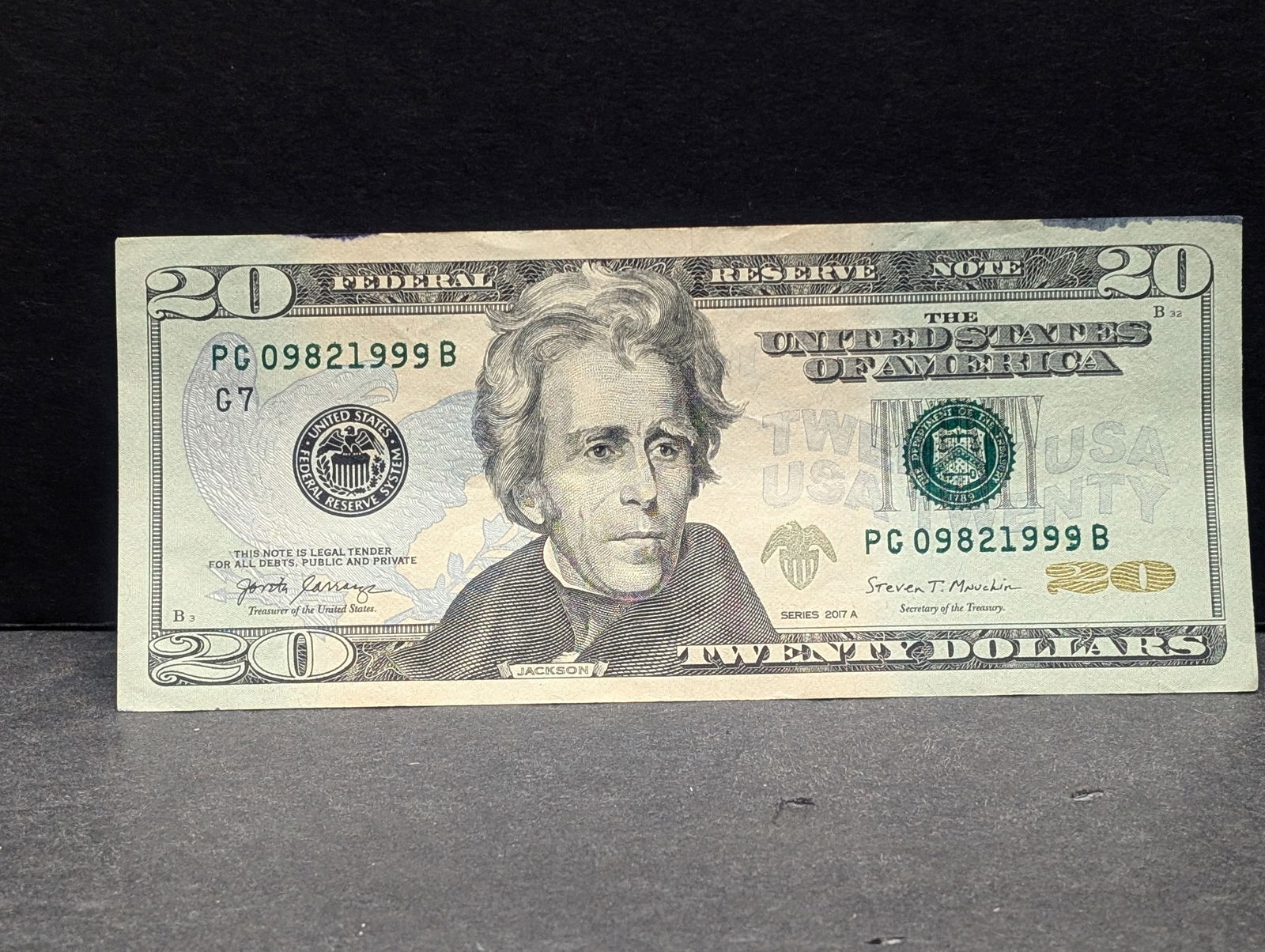 2017 A $20 FRN Die Stamp Error - Heavy Stamp Lower S.N. Ink Bleed - PG 09821999 - Chicago (1 of 3)