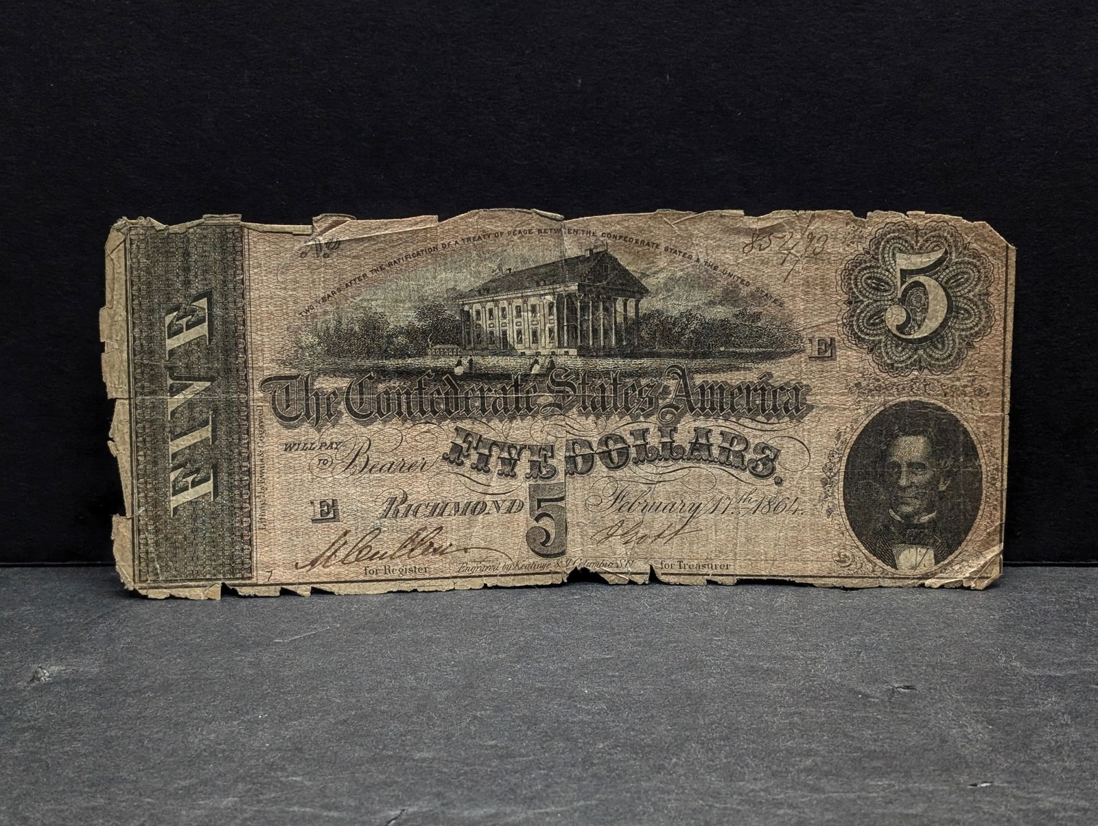 1864 $5 Confederate States Of America Bearer Note.  Capitol Of Confederacy, Bust Of C. G. Memminger. (1 of 3)