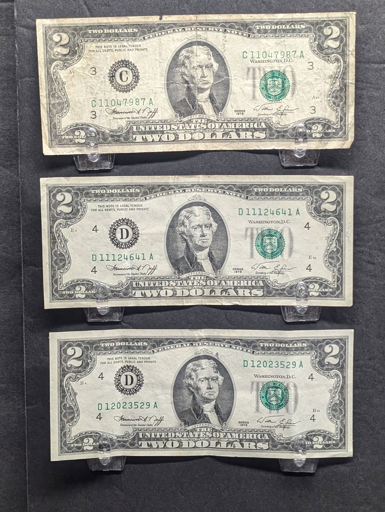 3 - 1976 $2 US FRN's -One/ Print Error Reverse, Right Side - Off Center D 12023529 A - Philadelphia (1 of 3)