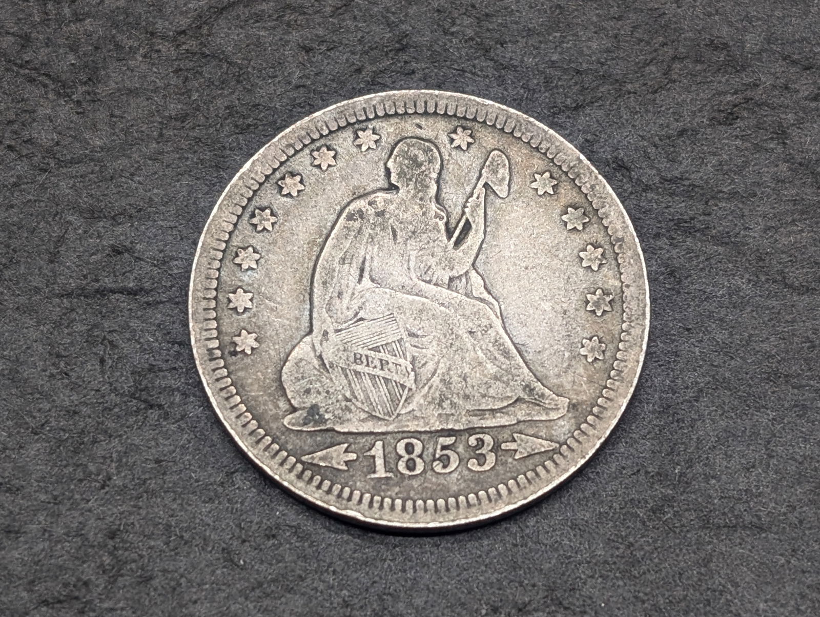 1853 Arrows & Rays Seated Liberty Quarter.  Vintage Type Coin. (1 of 2)