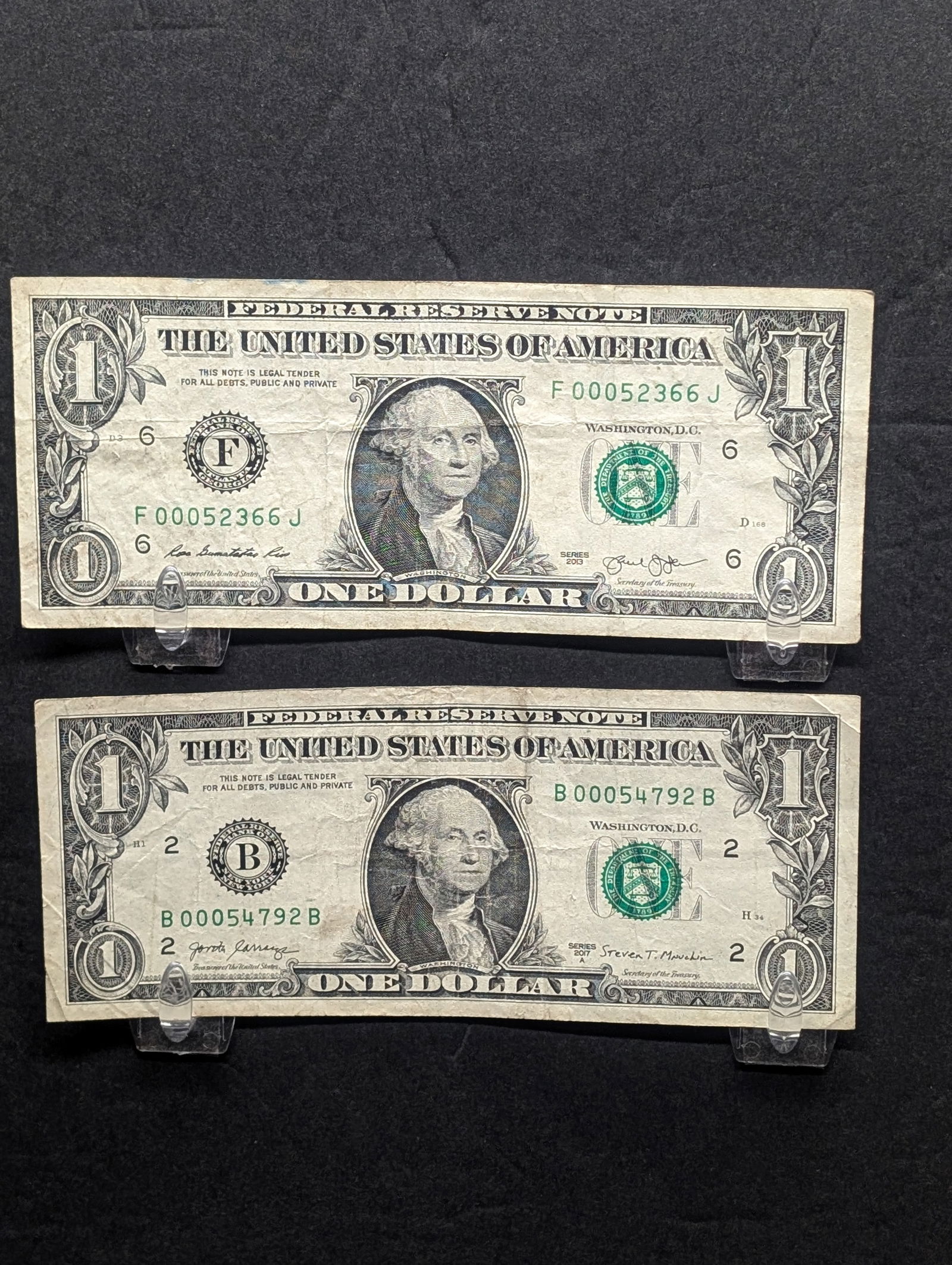 2- $1 FRN's w/ Low S.N. (1) 2017A - Halloween Boo Note - B 00054792 B Atlanta & (1) 2013 F 00052366 (1 of 6)