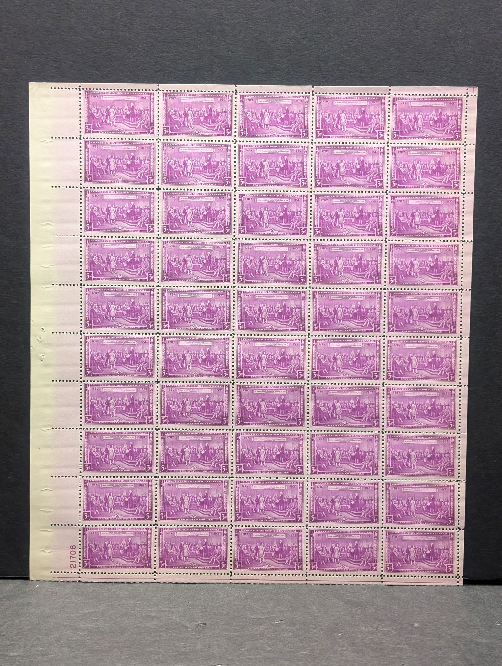 1937 Constitution Sesquicentennial 3-Cent Sheet Of 50 U.S. Stamps.  Scotts #798.  Plate Block # (1 of 2)