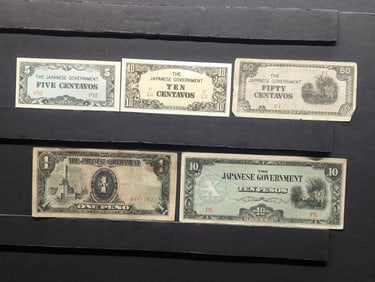 1943 Japan 5, 10, 50 Centavos And 1, 10 Pesos Philippines WWII Military Invasion Currency. 5 Notes.