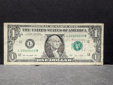 2013 $1 FRN - Trinary Note, Off Center Print Error - B Day? - L 200005020 - San Francisco