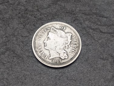 1867 United States 3 Cent Nickel. Vintage Type Coin.