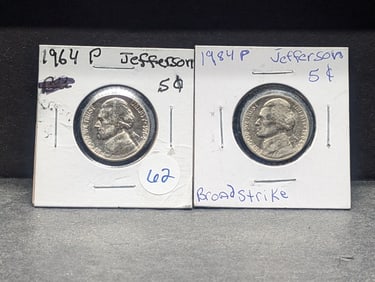 (2) Jefferson Nickels 1964-P AU & 1984-P Broad struck