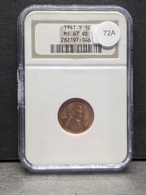 1941-S Lincoln Penny MS 67 RD by NGC