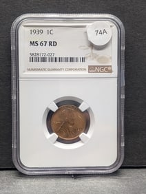 1939-P Lincoln Penny MS 67 RD by NGC