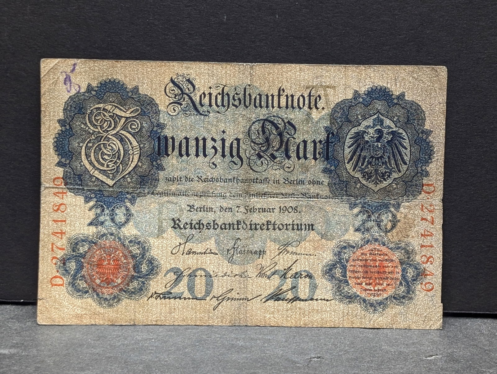 1908 Germany 20 Mark Note. Rare Pre-WWI Note (1 of 3)