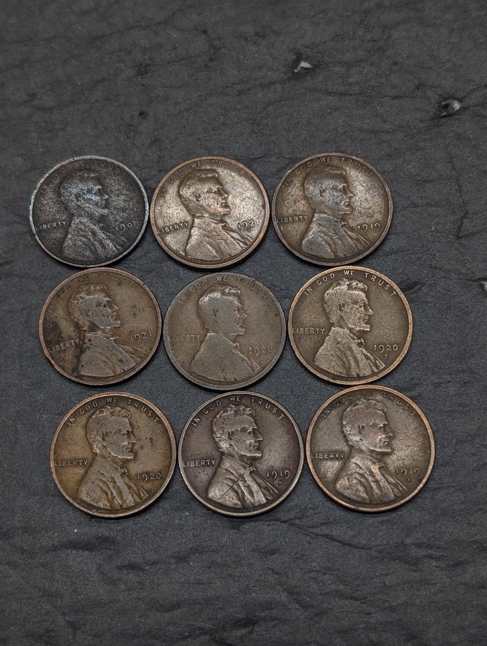 1909/1919/1919D/1919S/1920/1920D/1920S/1921/1921S(RARE) - Wheat Cents 9 Coins: 1909/1919/1919D/1919S/1920/1920D/1920S/1921/1921S(RARE) - Wheat Cents 9 Coins