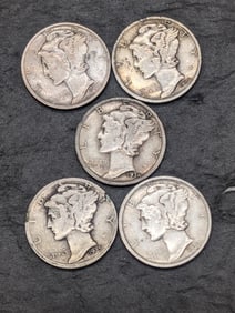 Five Denver Mint Mercs: 34-D, 35-D, 36-D, 37-D, and 38-D. All full rim reverse.