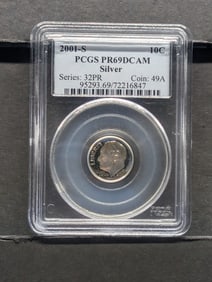 2001-S PROOF Roosevelt Silver Dime - PCGS PR69 DCAM