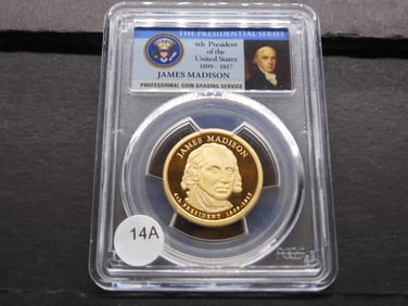 2007-S Madison Presidential $1. Slabbed by PCGS, top grader, as Proof 69, Deep Cameo. Classic