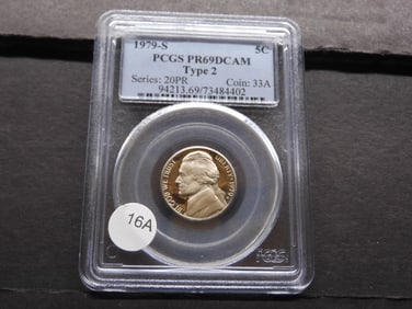 1979-S Type 2 Clear S Jefferson Nickel. Slabbed by PCGS, top grader, as Proof 69, Deep Cameo. GEM.