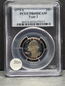 1979-S Type 2 Clear S Washington Quarter. Slabbed by PCGS, top grader, as Proof 69, Deep Cameo. GEM.