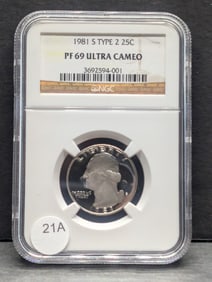 1981-S Type 2 Washington Quarter. Slabbed by NGC, top tier grader, as Proof 69, Deep Cameo. GEM.