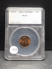 1970-S Small Date Lincoln Cent. Slabbed by SEGS as MS 64 Red. Key coin.