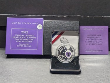 2022 W National Purple Heart Commemorative $1. Famous ?Colorized? coin. High demand. Original box