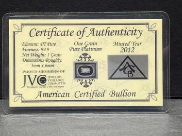 1 Grain .999 PURE PLATINUM Bullion Piece w/ COA