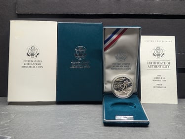 1991-P PROOF Korean War Memorial Commem Silver Dollar in OGP w/ COA